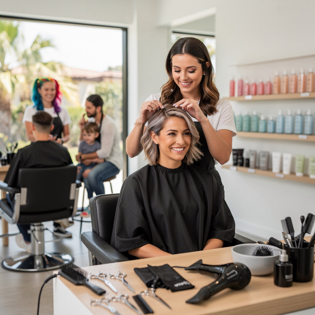 Shear Envy stylist performing a vibrant balayage hair color treatment in our Santa Barbara salon